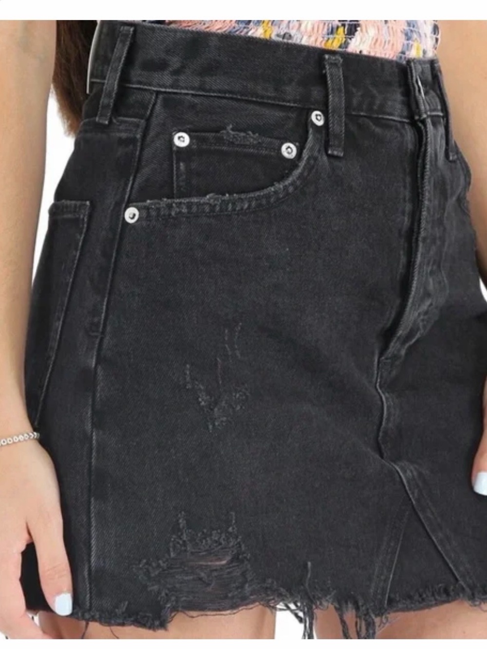 Agolde Black Distressed Button-Front Denim Mini Skirt 26